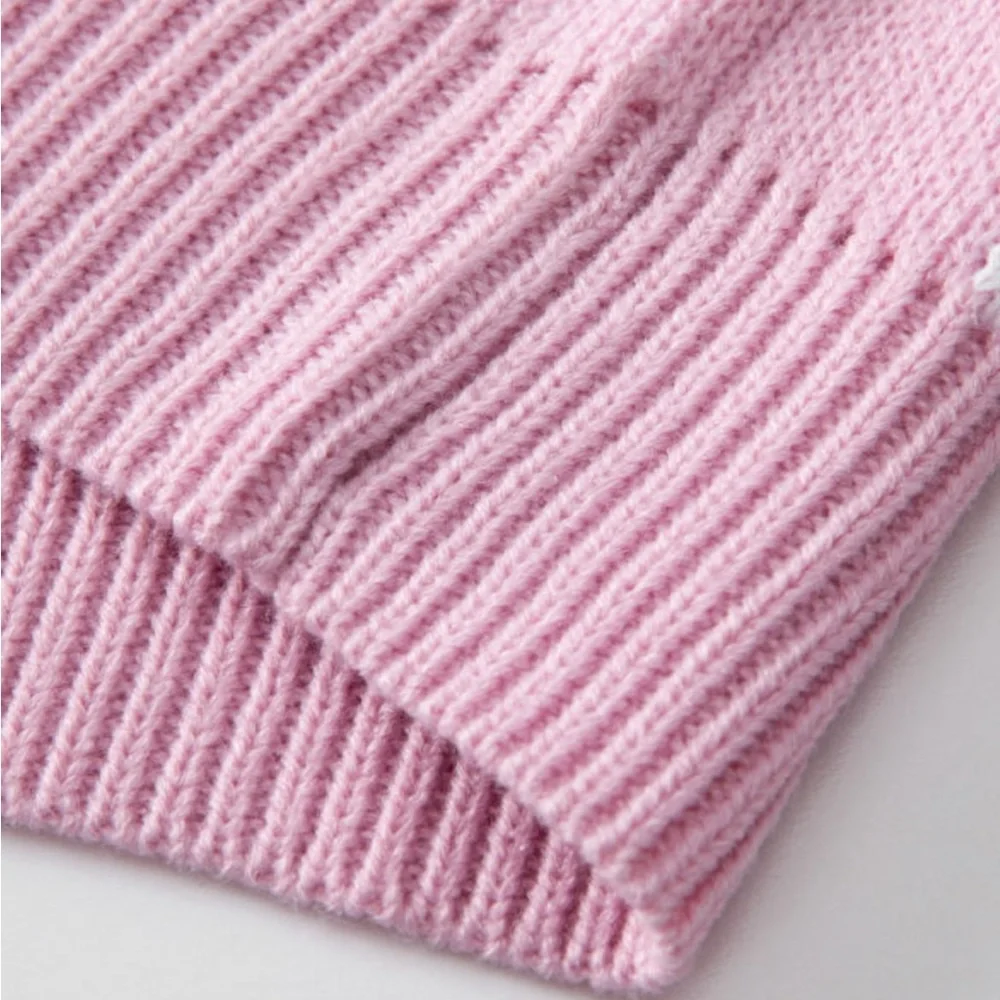 Pink Checkered Bubble Sleeved Crew Neck Knit Sweater - Picture 7 of 11